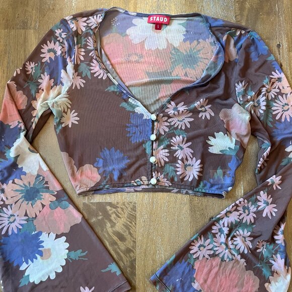 STAUD Tops - STAUD nylon floral cropped top with bell sleeve and pearl button detail - size s